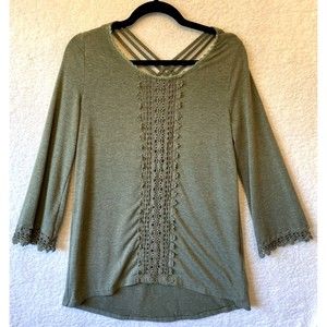 Altar'd State Top Womens Small Green Scoop Neck Long Sleeve Crochet Trimmed Boho